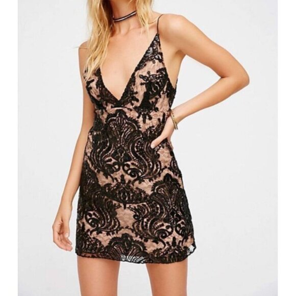 Free People Night Shimmers Sequin V-Neck Lined Mini Dress Black Glam Party Prom - Picture 4 of 12